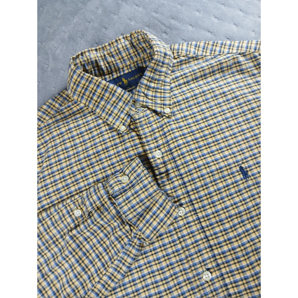 Polo Ralph Lauren Mens Custom Fit Plaid Button Down Shirt Yellow Blue Medium